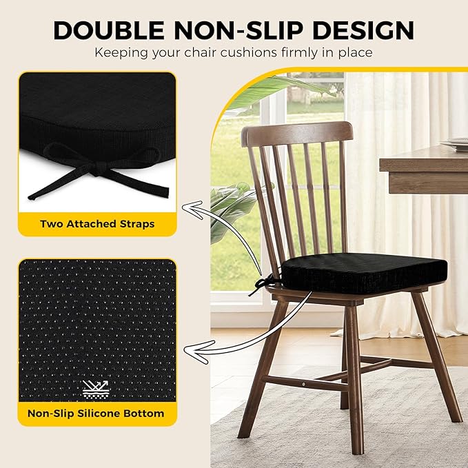 downluxe Indoor Chair Cushions for Dining Chairs, Soft and Comfortable Textured Foam Kitchen Chair Pads with Ties and Non-Slip Backing, 16" x 16" x 2", Black, 4 Pack-Ruum Studio Home
