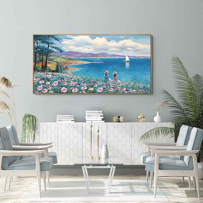 XLSJERST Large Landscape Wall Art - Blue Ocean Pink Flower Sailboat Mountain Tree Decor Orange Frame Artwork for Wall Large Picture for Living Room Bedroom Home Office Wall Decoration Size 24x48-Ruum Studio Home