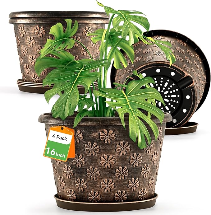 16 Inch Planter Pots for Plants, Plastic Large Flower Pots Indoor Outdoor, 4 Pack Resin Plant Pot with Drainage & Saucer, Retro Decorative Garden Pot with Removable Trays for House-Ruum Studio Home