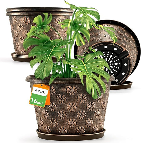 16 Inch Planter Pots for Plants, Plastic Large Flower Pots Indoor Outdoor, 4 Pack Resin Plant Pot with Drainage & Saucer, Retro Decorative Garden Pot with Removable Trays for House-Ruum Studio Home