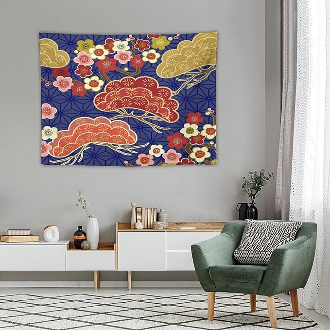 HZOHNAGO Japanese Tapestry Art Abstract Colorful Cherry Blossom Blue Background Pattern Printed Wall Tapestry Painting Wall Hanging for Bedroom Living Room Dorm 40" W x 30" H-Ruum Studio Home