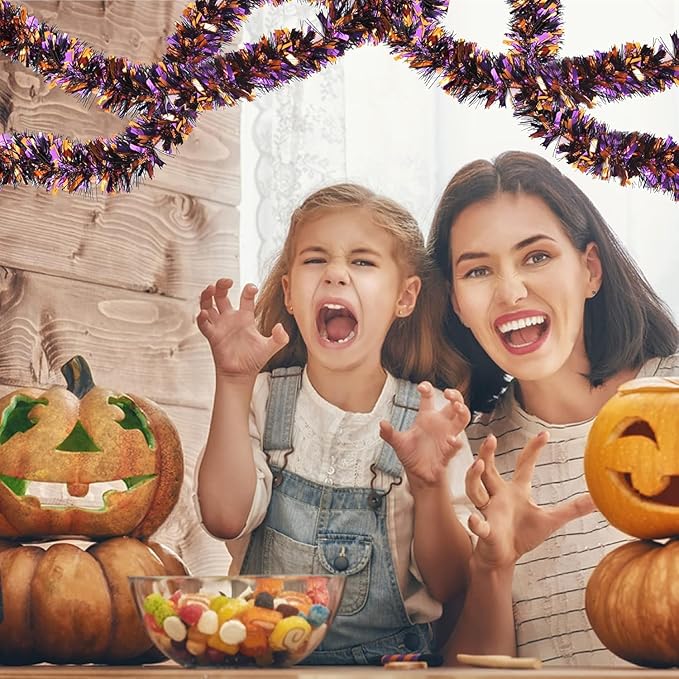 SAOROPEB 4 Pieces 26.4 Ft Halloween Tinsel Garland Metallic Shiny Twist Garland Hanging Decorations for Halloween Party Indoor and Outdoor Decor - Black Orange and Purple-Ruum Studio Home