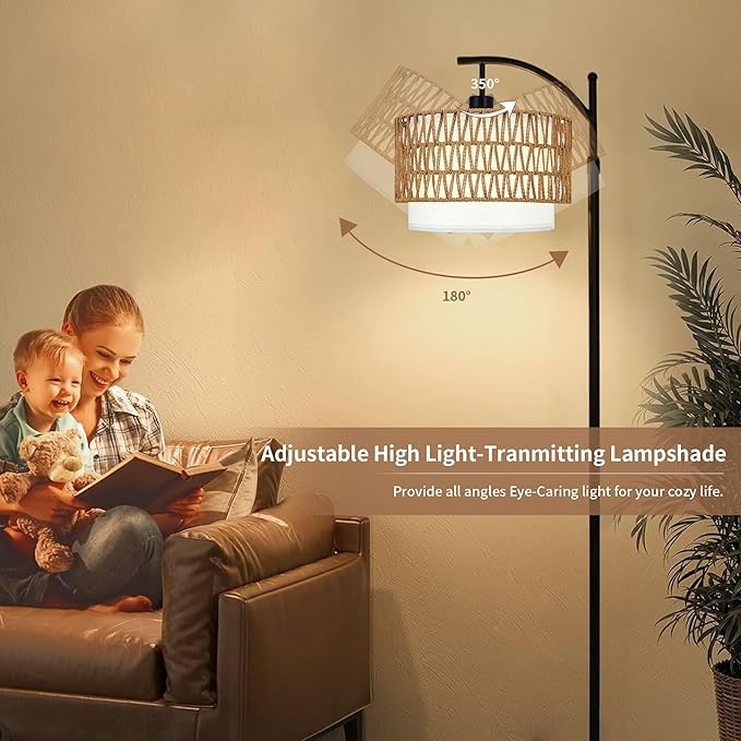 Arc Floor Lamp for Living Room Boho Floor Lamps with Remote Control & with 3 Color Temperatures,Rattan Wicker Standing Lamp Dimmable Tall Floor Lamp for Bedroom Living Room Corner-Ruum Studio Home