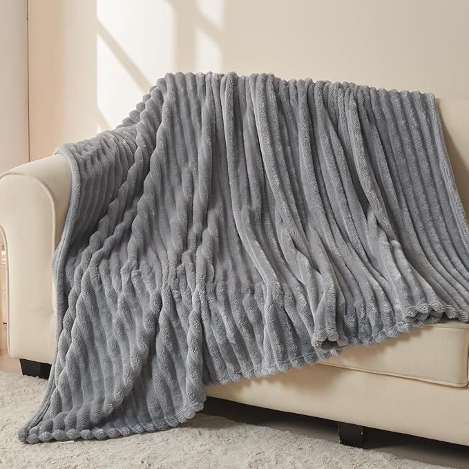NEWCOSPLAY Super Soft Twin Blanket Light Grey Premium Silky Flannel Fleece 3D Ribbed Jacquard Lightweight Bed Blanket All Season Use (Light Grey Ribbed, Twin(60"x80"))-Ruum Studio Home