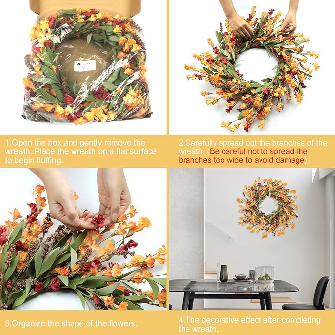 Artgar Fall Wreath, Fall Wreaths for Front Door, 24 in Fall Decor Floral Wreath, Door Wreaths for Front Door Outside All Season for Thanksgiving Home Indoor Outdoor Wall Decor (Red Orange Yellow)-Ruum Studio Home