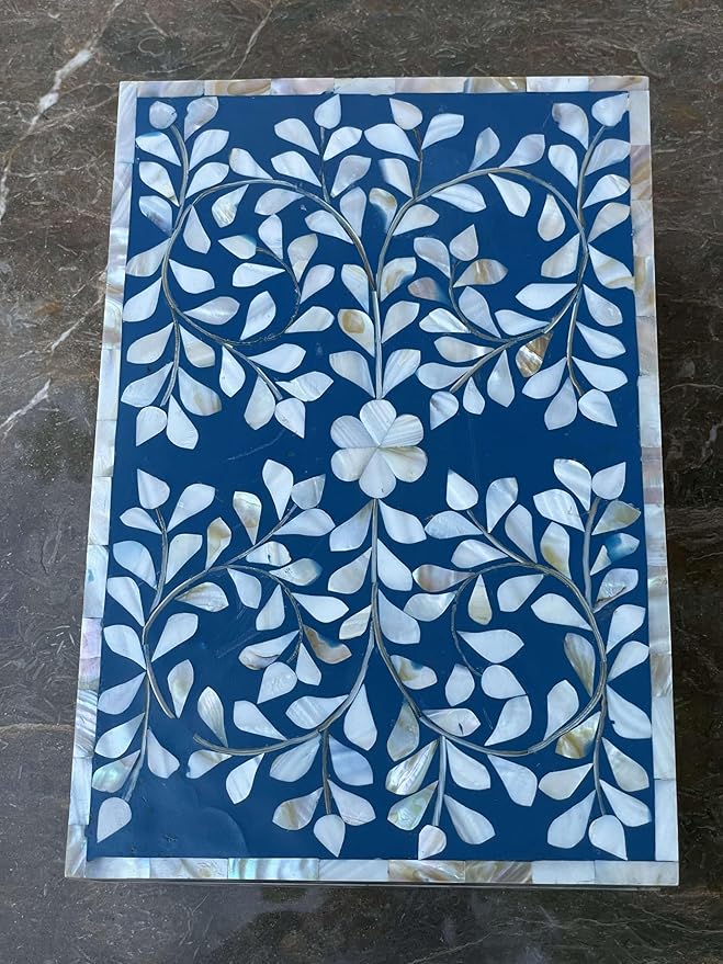 Decorative Storage Box Of Mother Of Pearl Inlay Floral Design Wooden Storage Box For Home Decoration For Living Dining & Bedroom (Navy Blue_12x8x5 inch)-Ruum Studio Home
