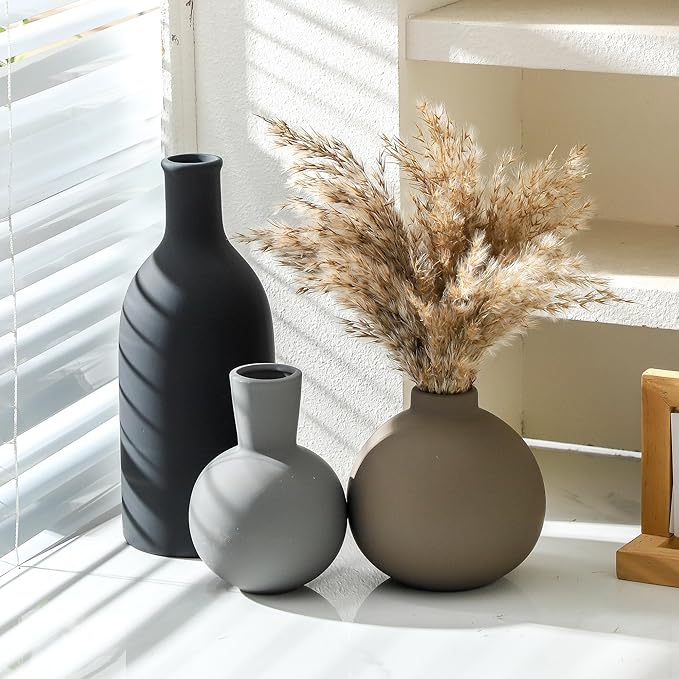 Ceramic Vase Set of 3 | Neutral Vases Home Decor | Modern Flower Pottery Vases Rustic Farmhouse Vase for Table Entryway Mantel Centerpiece Bookshelf Living Room Bathroom Bedroom -Multicolor Large-Ruum Studio Home