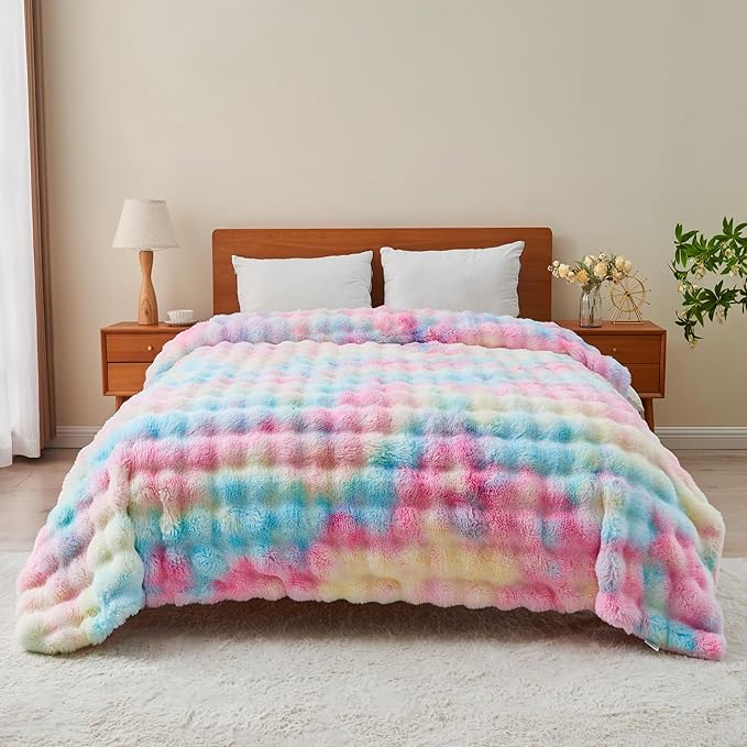 RYNGHIPY Faux Fur Throw Blanket Tie Dye Colorful Rainbow Blanket for Couch Plush Fluffy Faux Rabbit Fur Decoration Blanket for Sofa Chair Bed (Rainbow, 63''x79'')-Ruum Studio Home