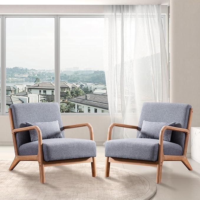 INZOY Mid-Century Modern Accent Chair Set of 2, Dark Grey Living Room Chairs with Waist Cushion, Upholstered Reading Armchair for Bedroom Sunroom-Ruum Studio Home