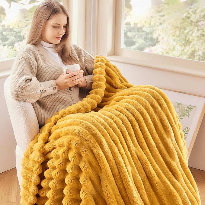 NEWCOSPLAY Super Soft Throw Blanket Mustard Yellow Premium Silky Flannel Fleece 3D Ribbed Jacquard Lightweight Bed Blanket All Season Use (Mustard Yellow Ribbed, Throw(50"x60"))-Ruum Studio Home