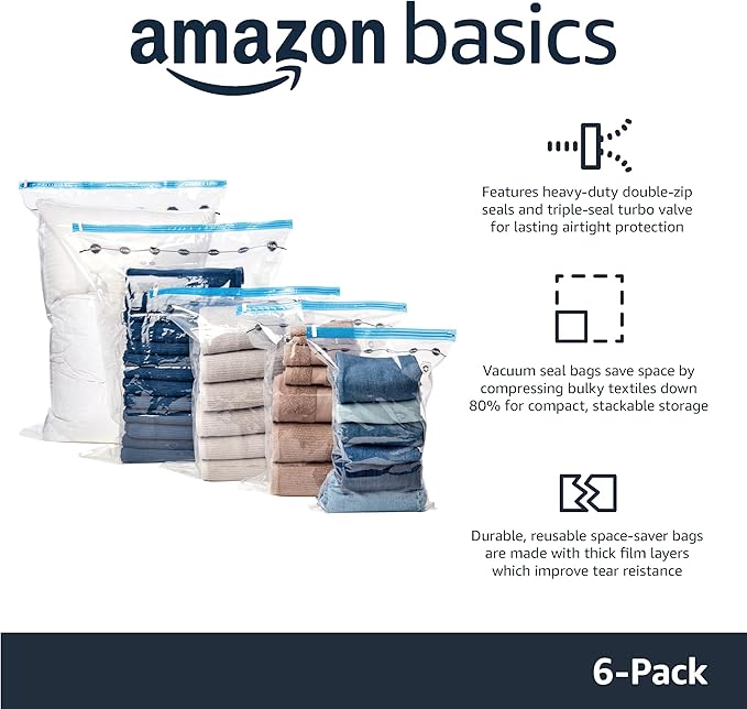 Amazon Basics Vacuum Compression Space Saving Storage Bags with Hand Pump for Clothes Packing, Jumbo, Clear, Pack of 6-Ruum Studio Home