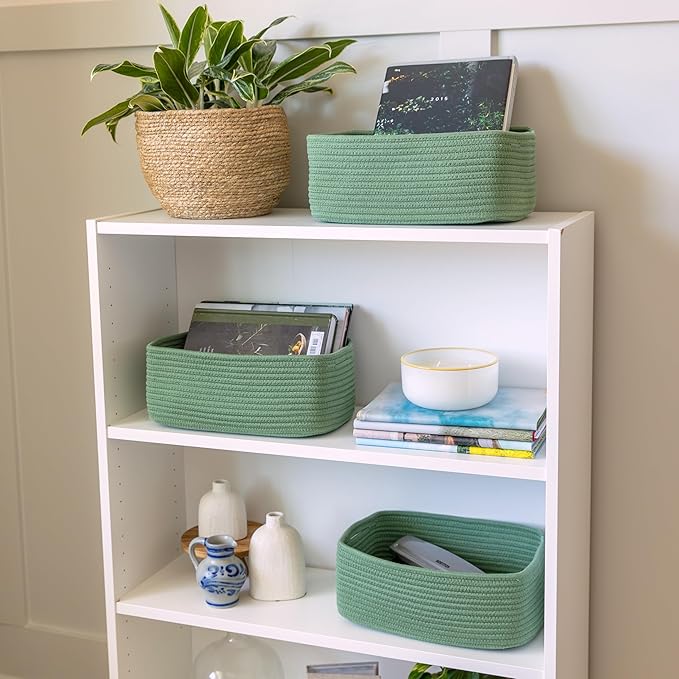 NaturalCozy 13.5”x8.5”x5.5” Rectangle Storage Baskets for Shelves 3 Pack | Cotton Rope Woven Small Baskets for Organizing | Small Storage Bins for Nursery, Bathroom, Closet, Shelf, Decorative-Ruum Studio Home