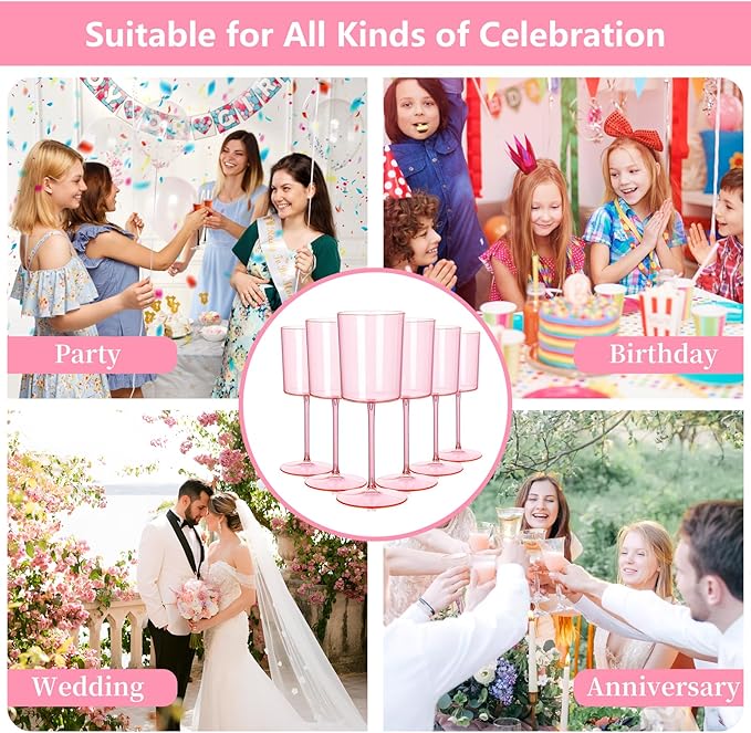 Ciaell 12 Pack Pink Plastic Wine Glasses - 10 Oz Disposable Wine Glasses with Stem for Parties & Weddings & Poolside & Outdoors & Camping-Ruum Studio Home