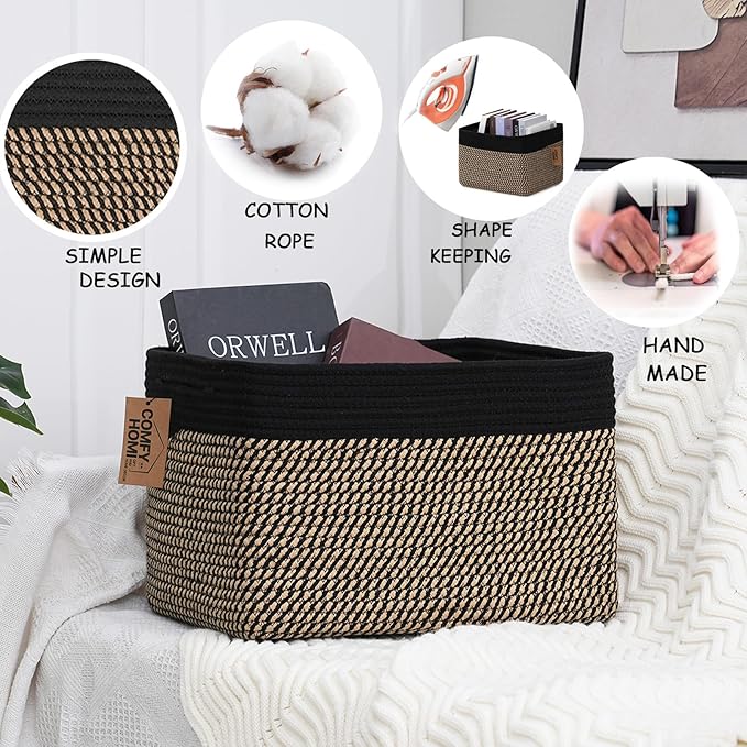 COMFY-HOMI 3PACK Cotton Rope Square Basket with Handles for Shelves|Dog Toy Bin and Storage|Baby Gift|Shoe Organizer|New 13.5" x 11" x 9.5" for Living Room (Black/Jute)-Ruum Studio Home