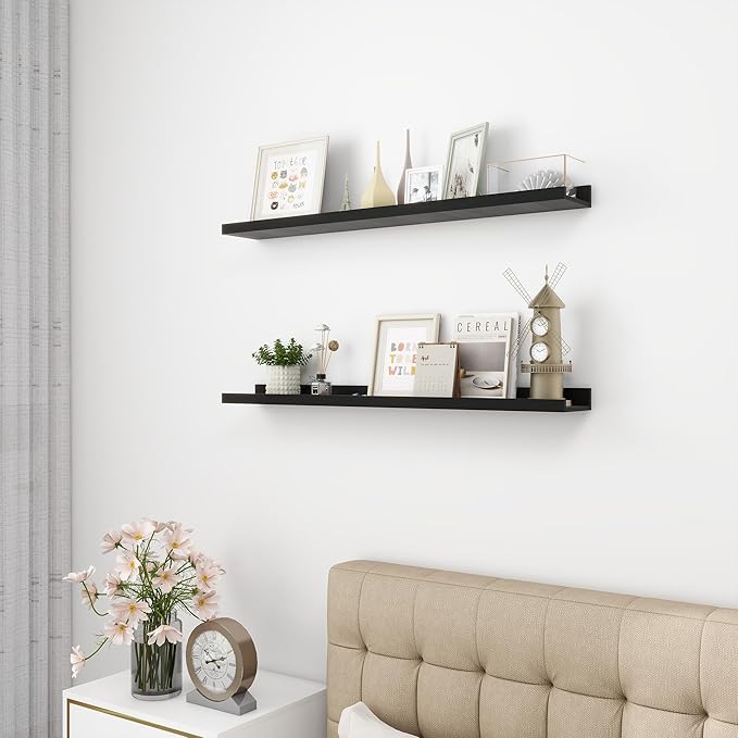 Picture Ledge Shelf, Wood Floating Shelves Set of 2, 36 inch Picture Ledge Shelves, Photo Ledge Nursery Book Shelves Wall Mounted for Living Room Kids' Room Bedroom, Color Black-Ruum Studio Home