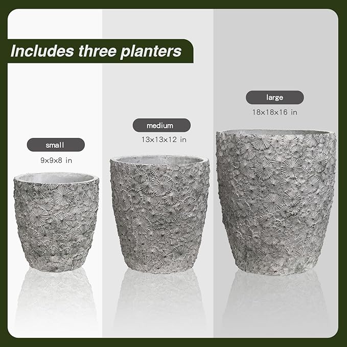 Craft flowerpots 16"+12"+10" Dia Round Concrete Planter Set of 3 Large Outdoor/Indoor Planter Pots Containers with Drainage Holes and Rubber Plug for Home Garden (Grey, Large)-Ruum Studio Home