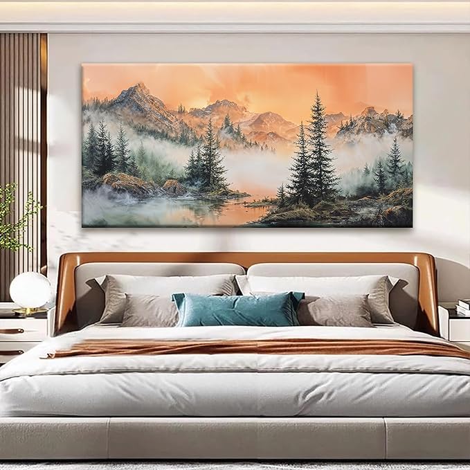 Mountain Wall Art For Living Room Large Size Canvas Art Wall Decor For Office Modern Bedroom Decorations Forest River Landscape Pictures Paintings Artwork Wall Mural Aesthetic Artwork 29 X 58 In-Ruum Studio Home