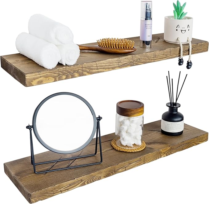 BGMG 30 inch Distressed Walnut Floating Shelves for Wall,High End Solid Real Wood 30 in Floating Shelf,Rustic Wooden Wall Mount Shelves Set of 2,Heavy Duty Bracket,30x6.7x1.25 inch-Ruum Studio Home