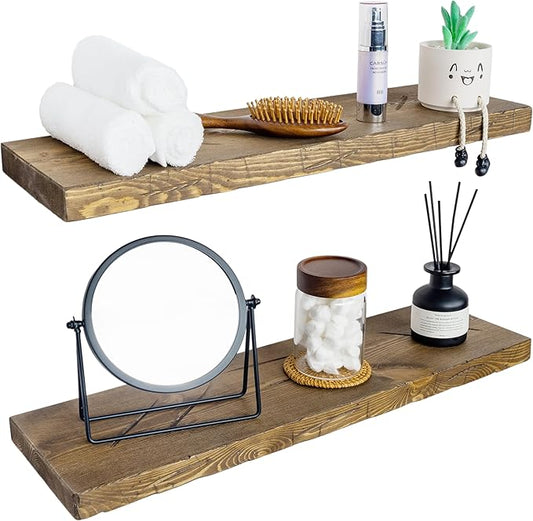 BGMG 30 inch Distressed Walnut Floating Shelves for Wall,High End Solid Real Wood 30 in Floating Shelf,Rustic Wooden Wall Mount Shelves Set of 2,Heavy Duty Bracket,30x6.7x1.25 inch-Ruum Studio Home