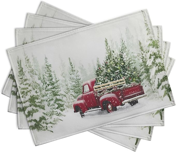 Red Truck Christmas Placemats Set of 4, 12x18 Inch Green Pine Tree Snow Xmas Table Mats Seasonal Rustic Farmhouse Linen Fabric Place Mats for Winter Holiday Party Kitchen Dining Decor-Ruum Studio Home