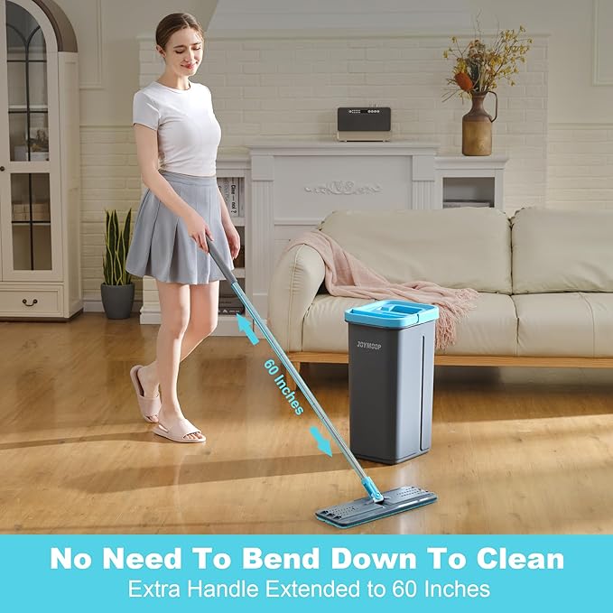 JOYMOOP Mop and Bucket Set with Wringer, with 3 Reusable Microfiber Mop Pads, Mops for Floor Cleaning and Wall Cleaning, Hands-Free Flat Mop for Home Use - Grey+Cyan Blue-Ruum Studio Home