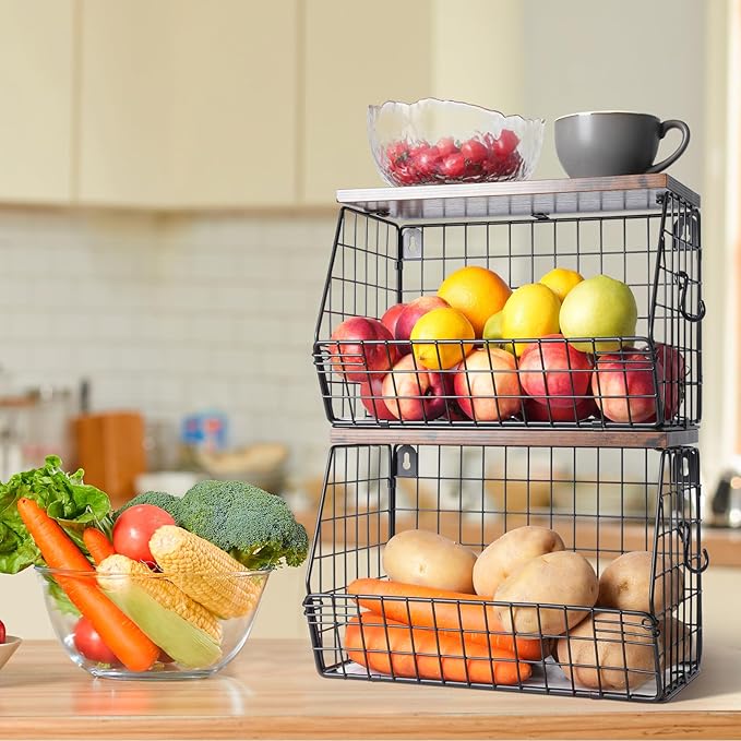 2pcs Fruit Basket Kitchen Storage Basket with Wood Lid, Stackable Wall Basket Fruit Basket for Kitchen, Countertop Organizer for Snack, Fruit and Veggie Storage, 11.8 x 7.9 x 8.5 Inch-Ruum Studio Home