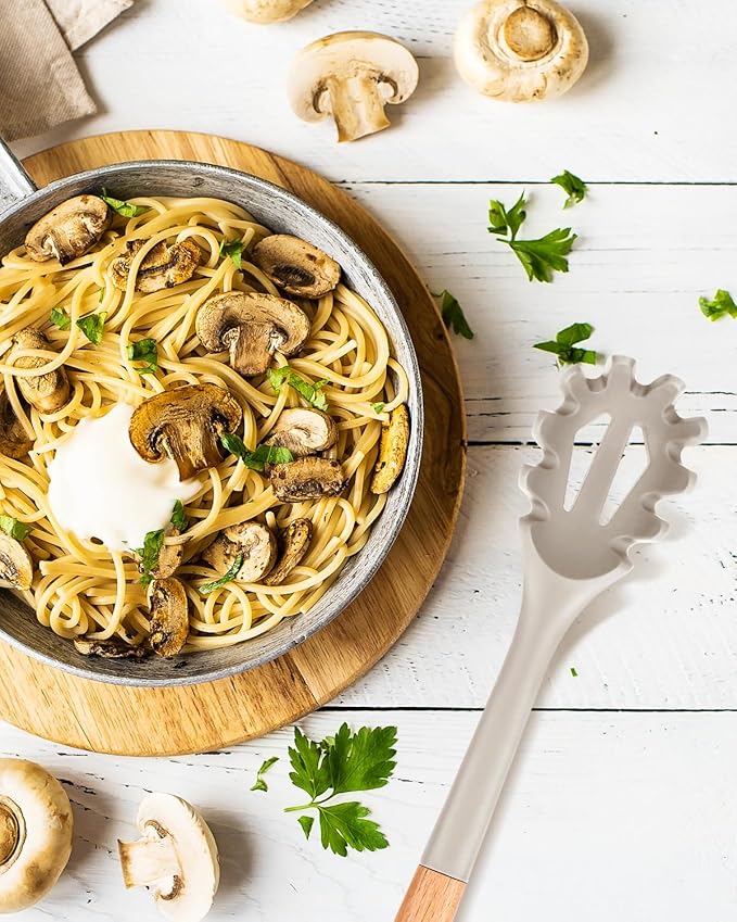 Silicone Pasta Fork, Kitchen Heat Resistant Noodle Spoon Server, BPA Free Spaghetti Strainer,12.8 inch (Khaki)-Ruum Studio Home