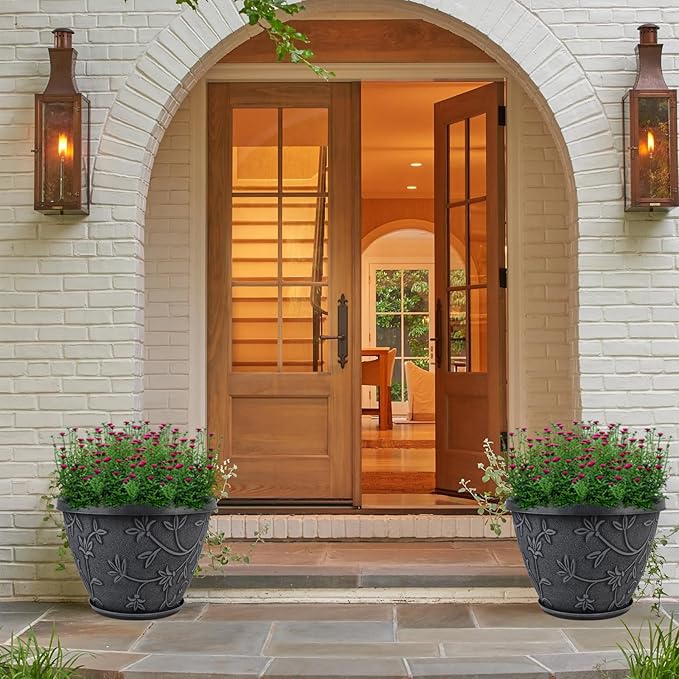 4 Pack 12 Inch Large Flower Pots for Outdoor Indoor, Plastic Plant Pots with Drainage Hole & Saucer, Modern Decorative Garden Pot, Imitation Magnolia Pots for Garden House Planters（Gray）-Ruum Studio Home