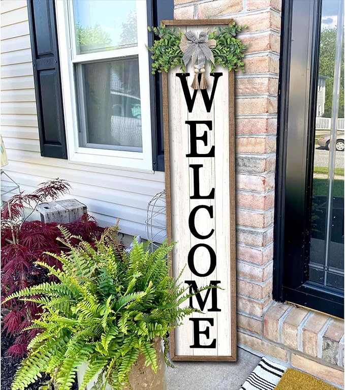 Surfapans Welcome Sign for Front porch Standing 45"X9"Large Wood Frame Outdoor Tall Welcome Signs Vertical Decor for Farmhouse Rustic Home Modern Outside Front Door Wall Decorations (Wood White)-Ruum Studio Home