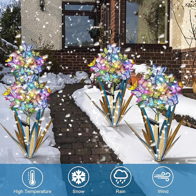 Homight Solar Metal Agave Butterfly Flower Stick Garden Sculpture - Outdoor Christmas Lights With Swaying Butterfly Sunflower - Solar Outdoor Gift (3 PCS Blue)-Ruum Studio Home