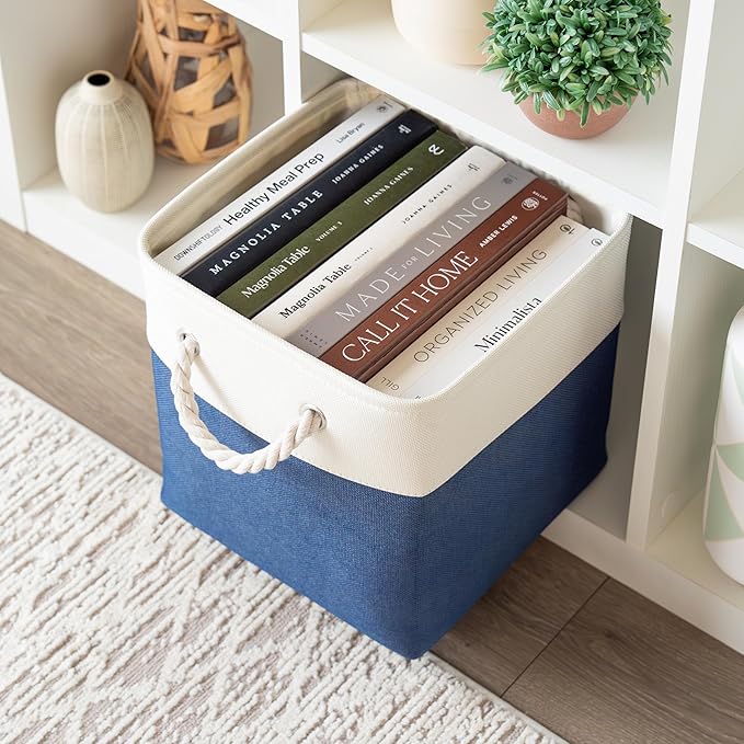 OrganiHaus 11x11 Cube Storage Bins 4 Pack, Foldable Cube Storage Organizer w/ Rope Handles, Collapsible Fabric Bins for Toys, Clothes & Closet Organization, Fabric Square Baskets - Navy Blue-Ruum Studio Home