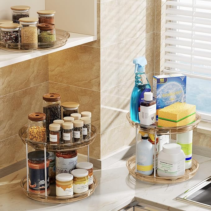 LAMU 2 Pack 2 Tier Lazy Susan Turntable Organizer 9.25'' Rotating Spice Rack Organization for Cabinet, Kitchen, Pantry, Countertop, Bathroom, Vanity, Medicine Cabinet Organizer, Amber-Ruum Studio Home
