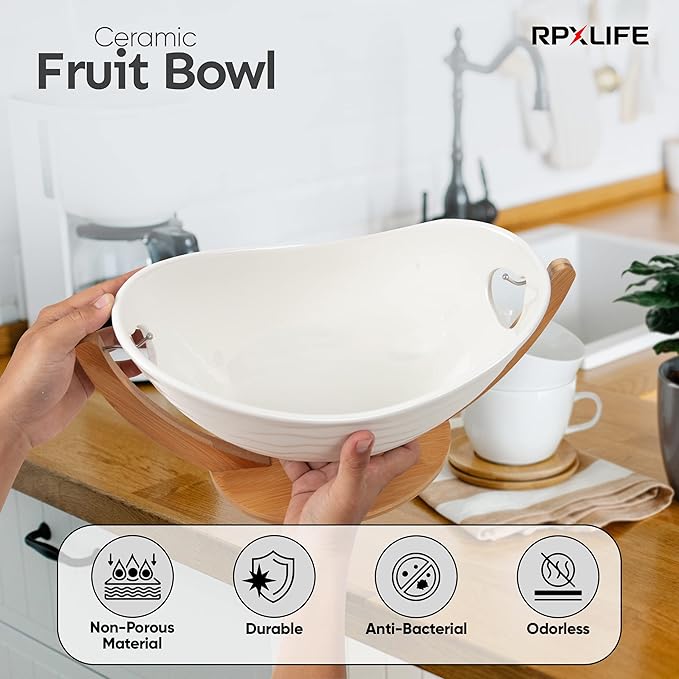 Ceramic Fruit Bowl for Kitchen Counter - 13" Modern Fruit Holder - Large Fruit Basket for Island - Large Decorative Bowl for Home Decor - Pedestal Bowl - Entryway Bowl for Keys - Extra Large-Ruum Studio Home