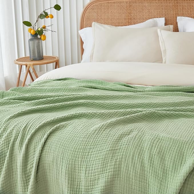 EMME Cotton Blanket Twin XL for Bed Soft Muslin Blankets 66"x90" Lightweight Breathable Layering Bedspread Coverlet All Season Gauze, Sage Green-Ruum Studio Home