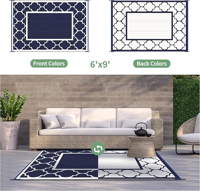 GENIMO 6' x 9' Outdoor Rug Waterproof for Patio Fall Decor, Foldable Reversible Plastic Straw Area Rugs Mat for Camper, Outside Carpet for Rv, Deck, Porch, Picnic, Beach, Balcony, Blue & Grey-Ruum Studio Home