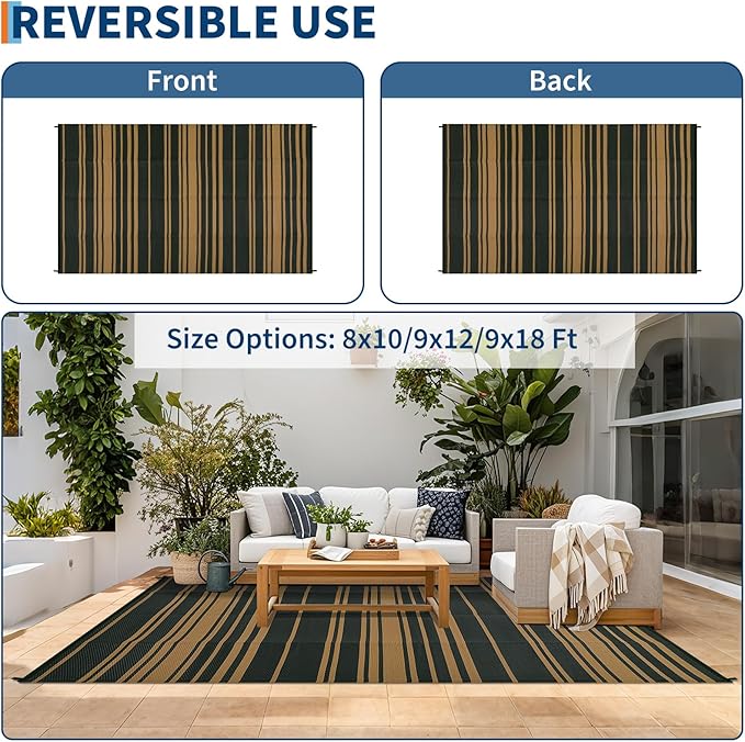 Outdoor Patio Rug 9x12 Stain-Resistant Reversible Camping Mat, Modern Striped Outdoor Plastic Straw Rug, Waterproof Outside Carpet, Easy to Clean for RV, Porch, Deck, Balcony, Black Brown-Ruum Studio Home