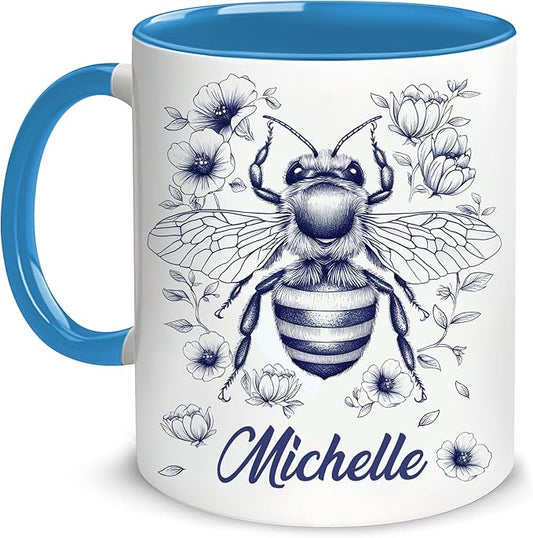 Hyturtle Personalized Floral Bee Mug - Bee Keeper Gifts For Women Lovers Teacher - Honey Gifts For Beekeeper Farmer On Birthday - Queen Honeycomb Decor - Custom Coffee Cup Ceramic Mug 11 Oz 15 Oz-Ruum Studio Home