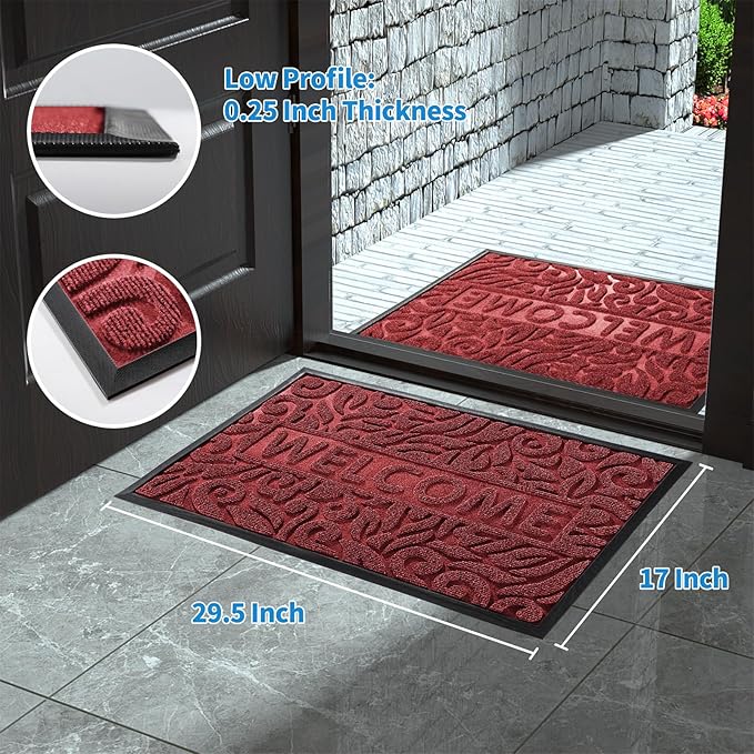 Yimobra Welcome Mat Outdoor Indoor, 29.5x17 Waterproof Door Mat Outside Entrance, All-Weather Non Slip Doormat, Low-Profile Front Door Mat, Porch and Patio Entryway Mat, Wine Red-Ruum Studio Home