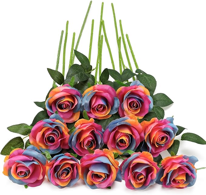 Rainbow Fake Roses Artificial Flowers - 10 Pcs Fake Artificial Roses Silk Flowers with Stems for Home Wedding Hotel Office Centerpiece Decor（Rainbow）-Ruum Studio Home