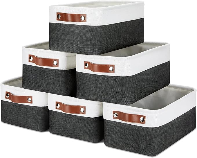 DULLEMELO Small Storage Baskets 6 Pack, Fabric Collapsible Gift Storage Baskets for Shelves, Closets, Nursery, Home, Office Organizing,Small Canvas Linen Rectangular Storage Bins (White&Black)-Ruum Studio Home