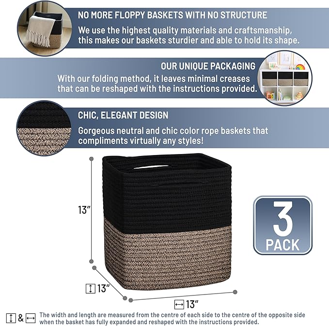 NaturalCozy 13 Inch Cube Storage Bins Cotton Rope Woven Baskets for Organizing 3-Pack | 13 x 13 Storage Cubes | Fabric Square Storage Baskets for Shelves Organizer, Kids Toy Bins, Closet Baby Nursery-Ruum Studio Home