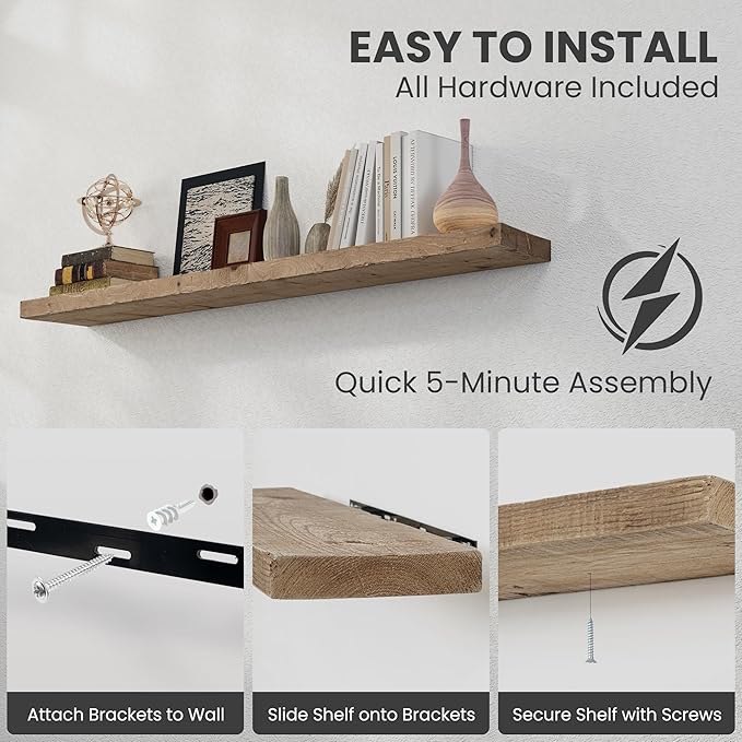 Solid Wood Floating Shelves, 8" Deep Rustic Reclaimed Barnwood Wall Hanging Floating Shelf with Invisible Heavy-Duty Metal Bracket | Wall Mounted | Farmhouse Style | 55 inches,1PC,Natural-Ruum Studio Home