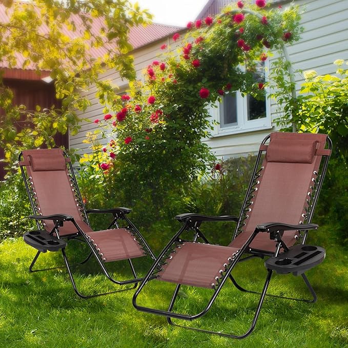 Nazhura Set of 2 Relaxing Recliners Patio Chairs Adjustable Steel Mesh Zero Gravity Lounge Chair Beach Chairs with Pillow and Cup Holder Khaki (Brown)-Ruum Studio Home