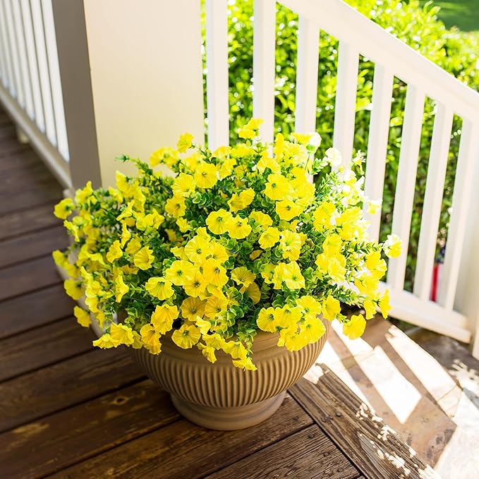 Artificial Mums for Outdoors Fake Fall Flowers Plants for Autumn Decoration, 12 Bundles Silk Morning Glory with Eucalyptus Look Real UV Resistant Yellow Faux Mums for Outside Planters Front Door Yard-Ruum Studio Home