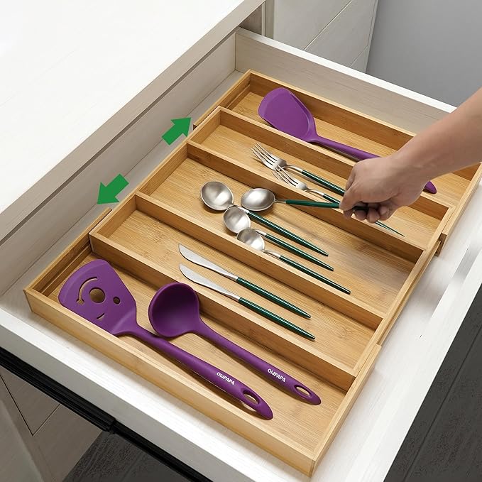 Utoplike Bamboo Expandable Kitchen Drawer Organizer, Adjustable Utensil Holder and Cutlery Tray Organiser, Drawer Divider for Silverware, Flatware, Knives in Kitchen, Bedroom, Living Room, 5 Slot-Ruum Studio Home