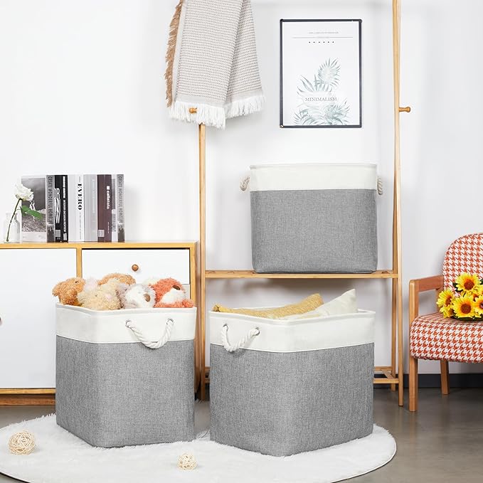 Bidtakay Extra Large Storage Baskets for Organizing 17x12x15.1 inch 3-Pack Fabric Closet Organizers Storage Bins with Handles Foldable Storage Baskets for Shelves Clothes XL-White&Grey-Ruum Studio Home