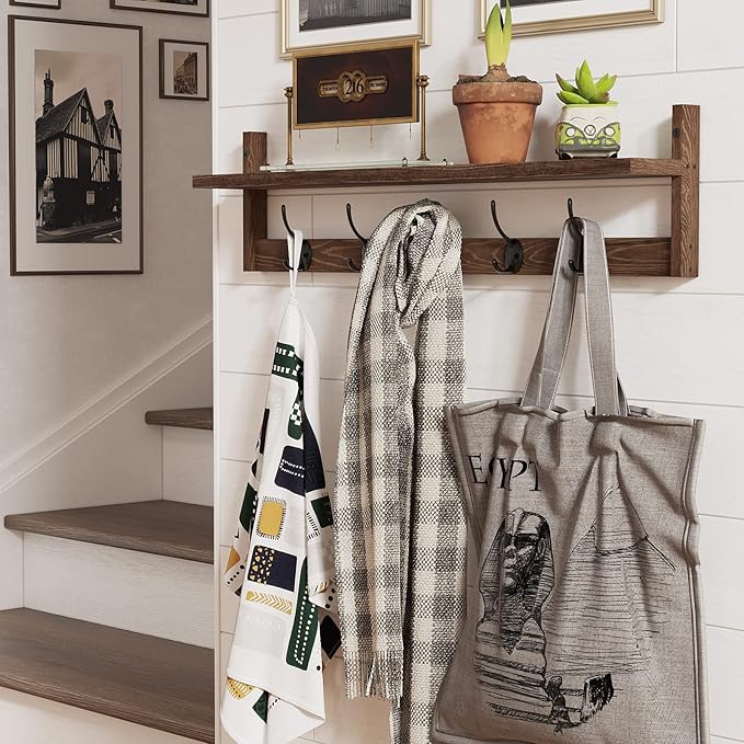 BAMEOS Wall Mounted Coat Rack with Adjustable Easy Install, Rust Proof, Brown Wooden Material, 28.9 Inch Length-Ruum Studio Home