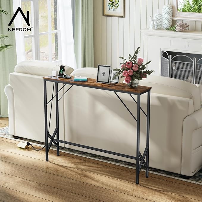 39.4" Console Table, Skinny Entryway Table with Fast-Charging Station, Narrow Long Sofa Table, Behind Slim Couch Table for Entrance, Hallway, Living Room Decor ST-BR100-1-Ruum Studio Home