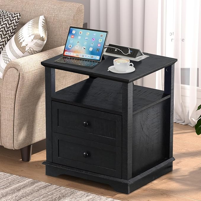 HIFYOBRO End Table with 2 Drawers and Charging Station, Type-C & USB Port & Power outlets, Wooden Storage Nightstand, Large Side Table with Storage for Living Room and Bedroom-Ruum Studio Home