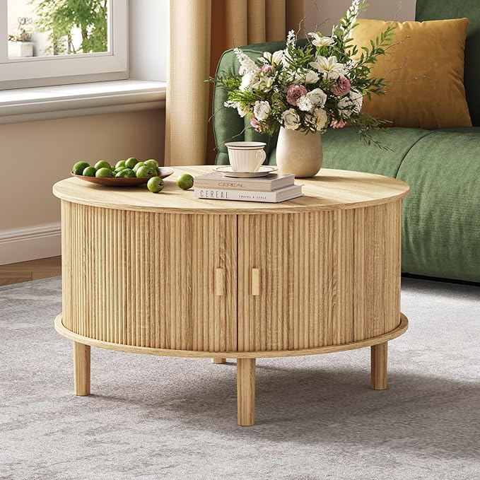 Coffee Table and TV Stand Set of 2, Round Center Table with Storage,Fluted Coffee Table with 360° Sliding Doors, 86.6" Entertainment Center for Bedroom, Living Room,Natural-Ruum Studio Home